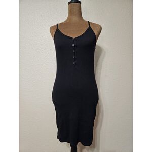 Active USA Women’s Black Ribbed Bodycon Mini Dress Button Front Size L Sexy Club